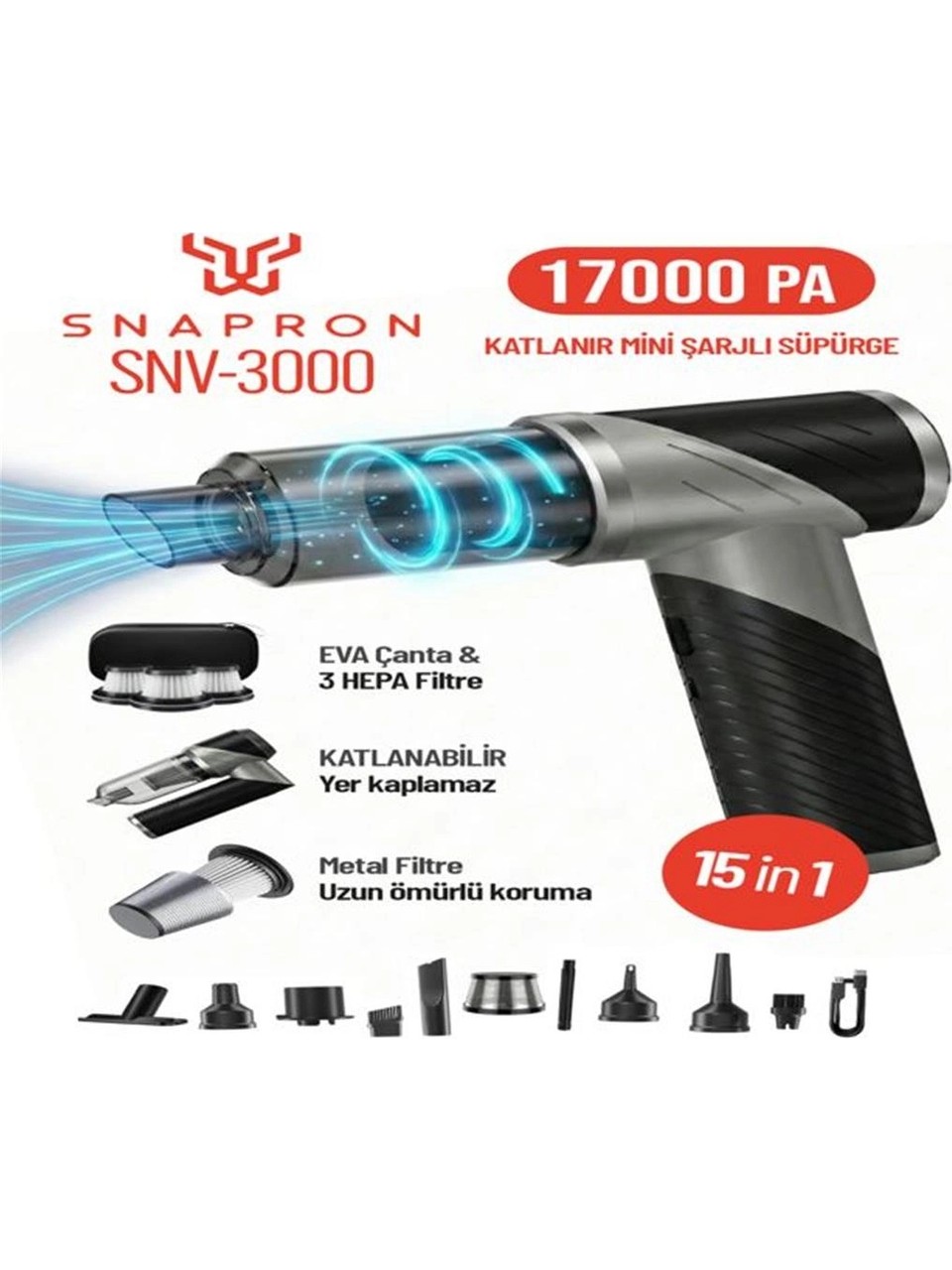 Snapron SNV-3000 17000PA 2000Mah 15in1 Güçlü Vakum Ve Üflemeli Şarjlı Katlanabilir Araç Süpürgesi