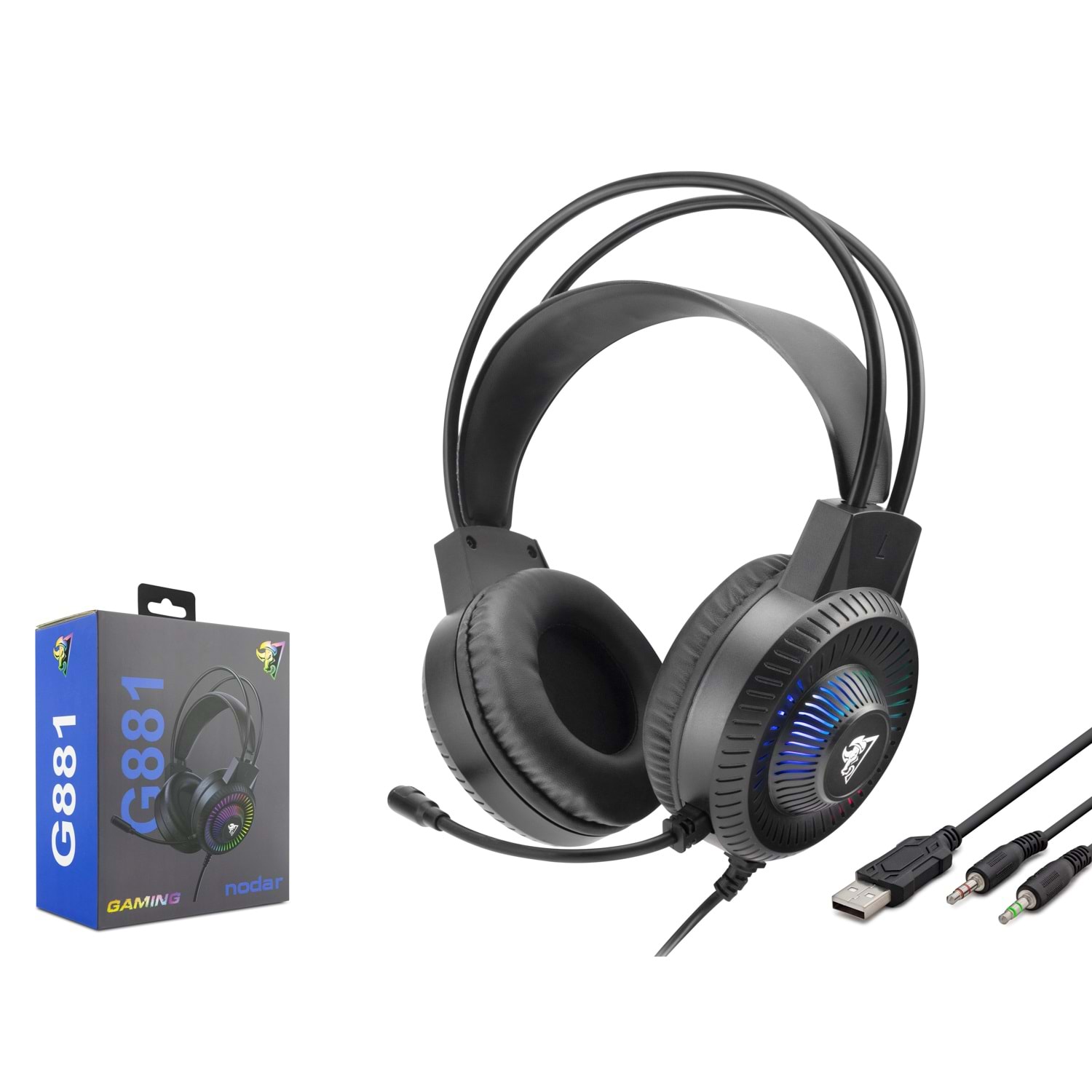 NODAR G881 2x 3.5 mm USB RGB Aydınlatmalı Over-Ear Mikrofonlu Gaming Kulaklık Siyah