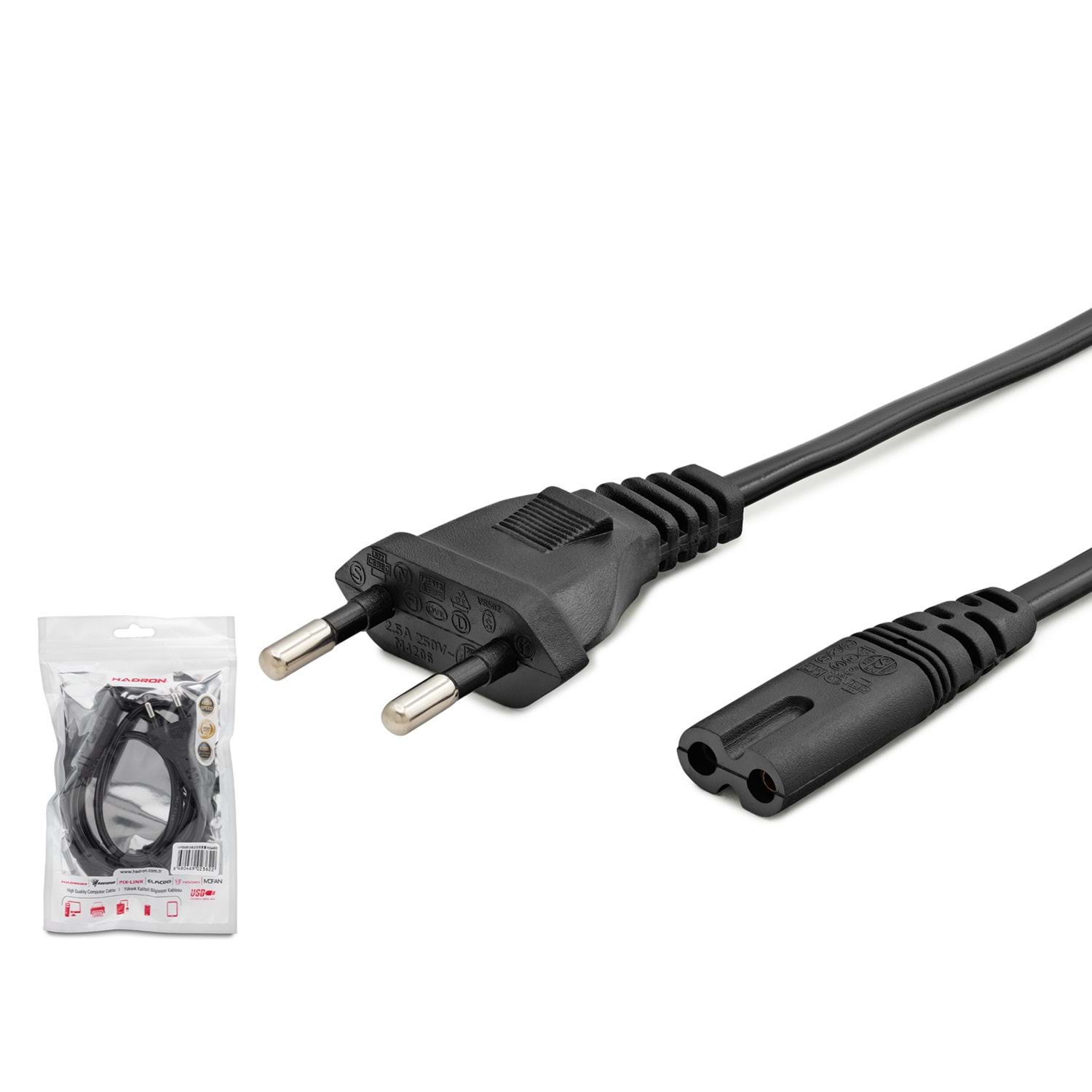 HADRON HDX5534 Teyp Güç Kablosu 2 Pin 1 mm 500W C7 Figure 8 1 m Siyah
